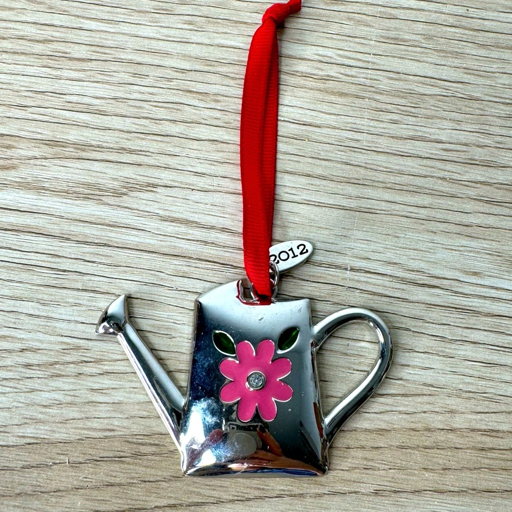 Watering Can Silver Color & Enamel Flower Christmas Ornament Gardening‎ 2012